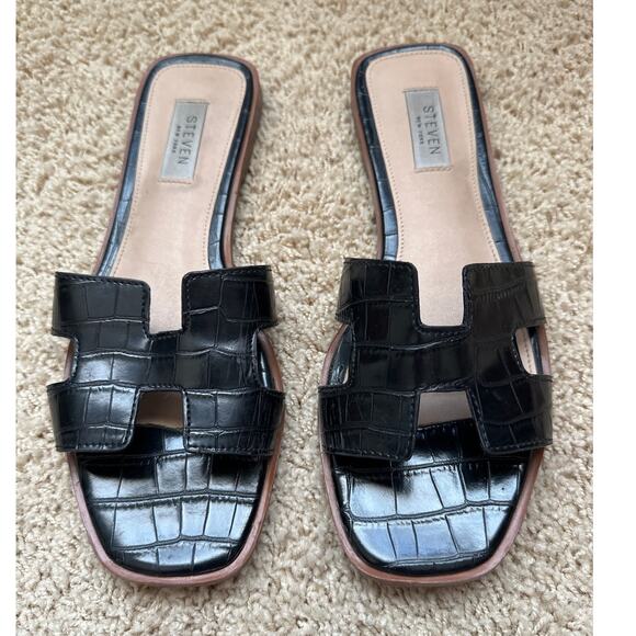 Black Steven Hannah Flat Sandals Slide 8.5 - Picture 2 of 6